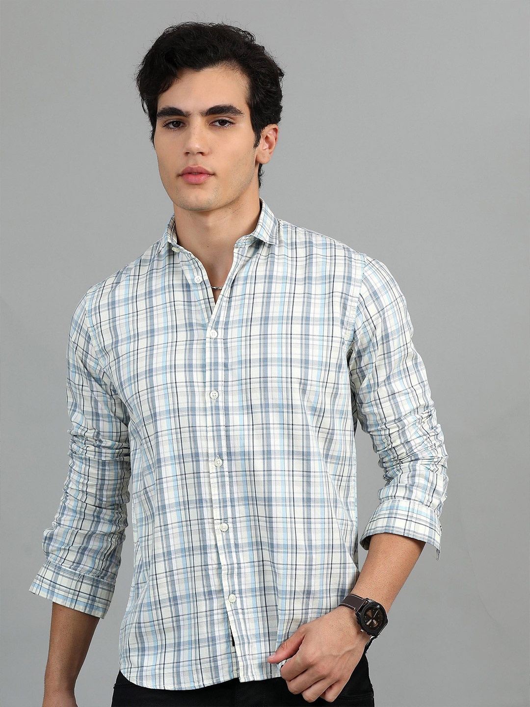 

HOUSE OF MAHNOTS Men Classic Spread Collar Tartan Checked Cotton Casual Shirt, Blue