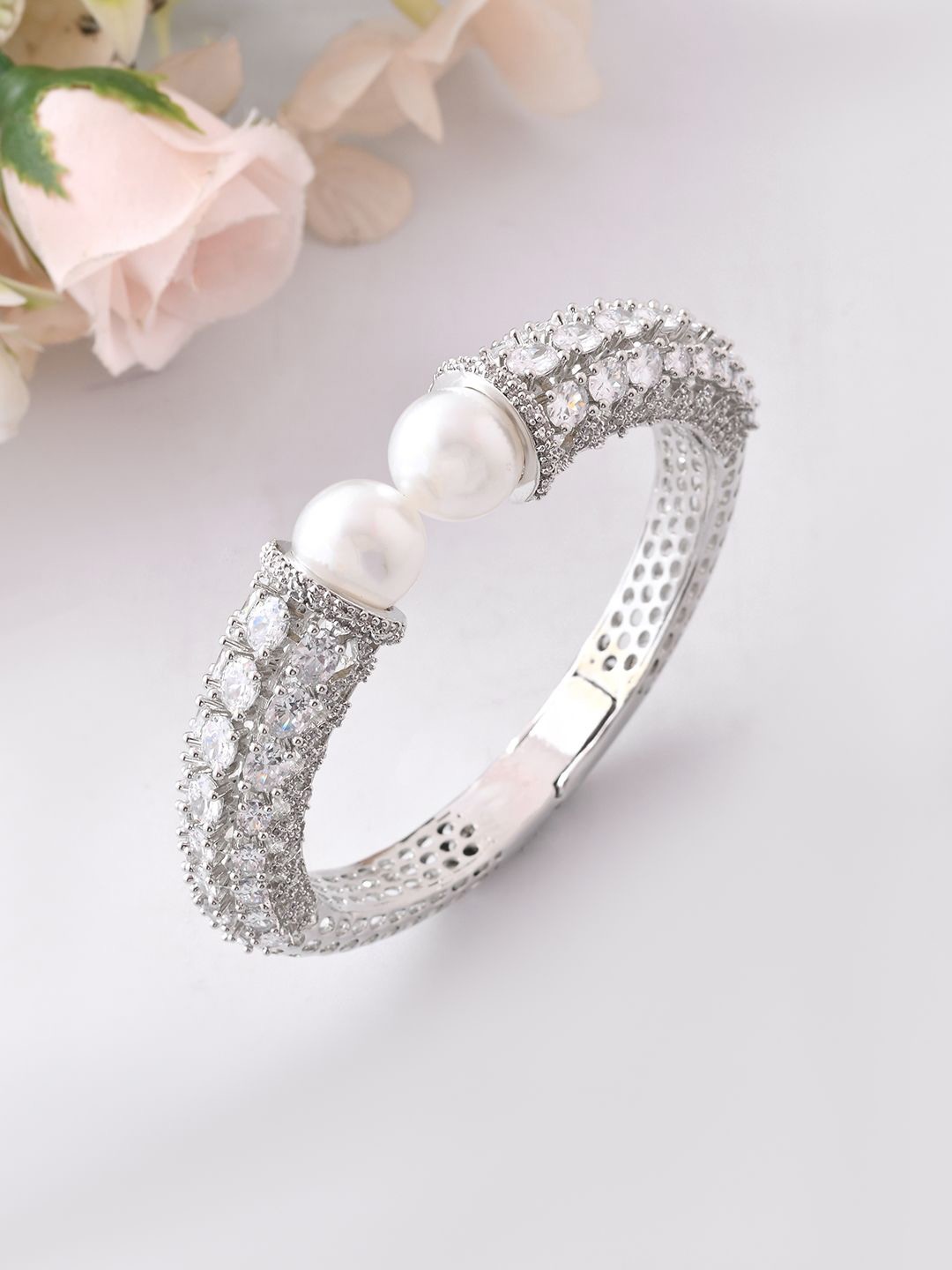 

Voylla Rhodium-Plated American Diamond Stone Studded & Beaded Cuff Bracelet, Silver