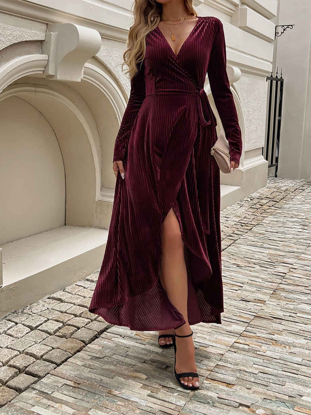 

StyleCast x Revolte Women Velvet Wrap Midi Dress, Maroon
