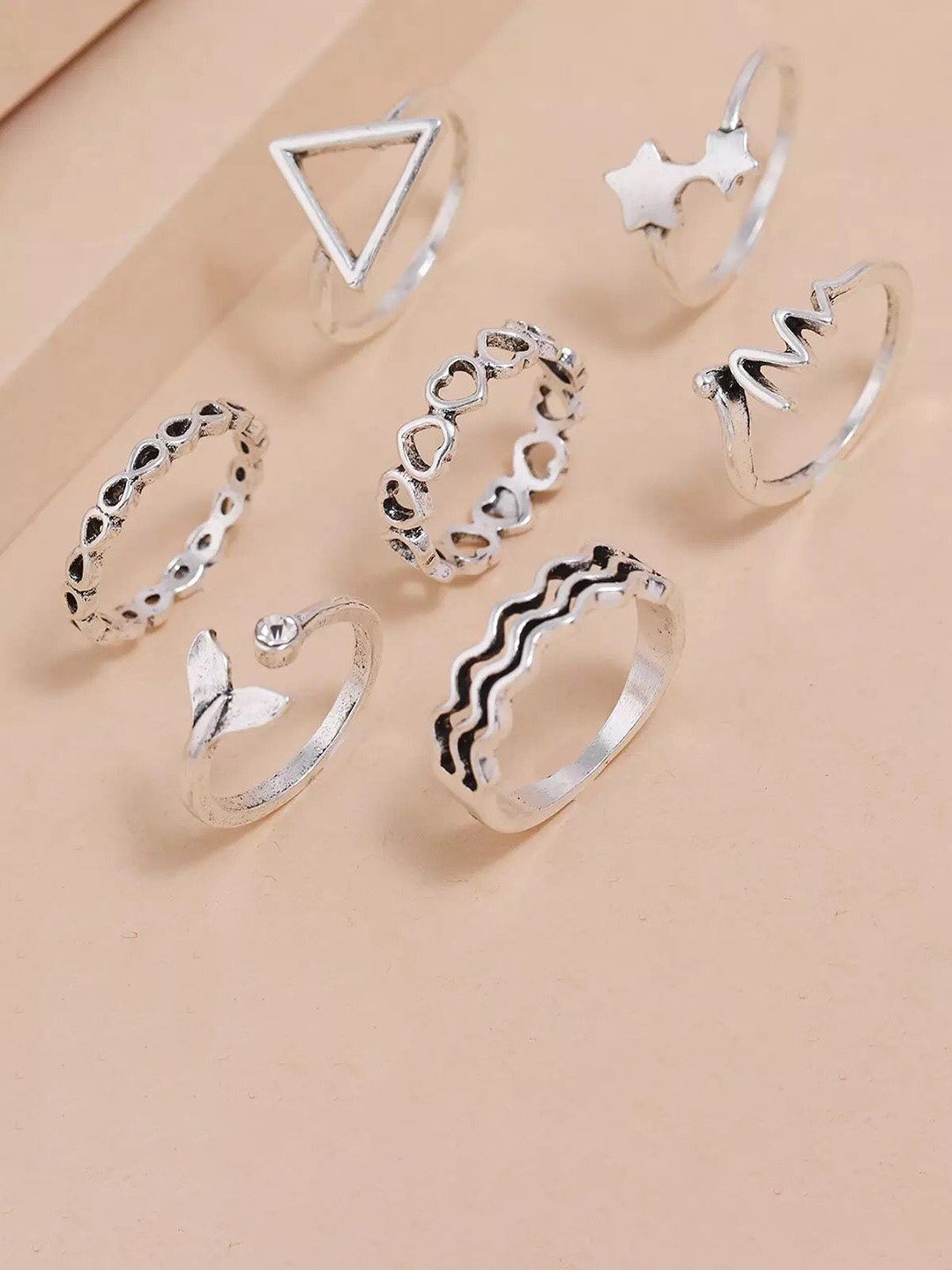 

YU FASHIONS Set Of 7 Silver-Plated Stainless Steel Stone-Studded Finger Rings