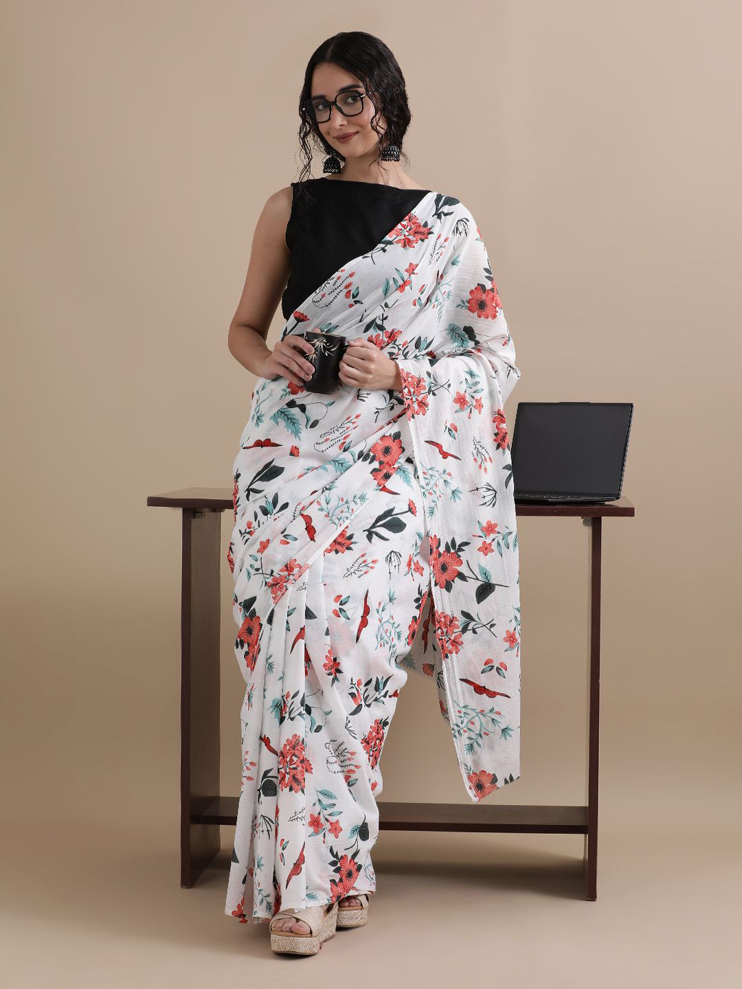 

Jaipur Kurti Floral Printed Pure Cotton Saree, White