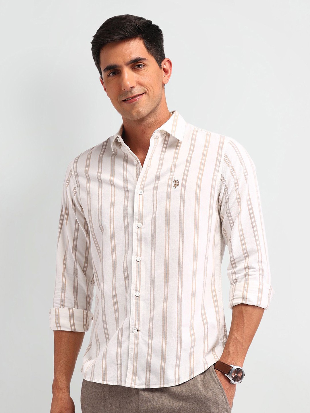 

U.S. Polo Assn. Denim Co. Men Manhattan Vertical Striped Cotton Slim Fit Casual Shirt, White