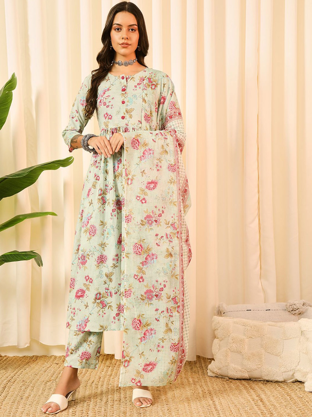 

Meeranshi Floral Printed Pure Cotton Anarkali Kurta With Trousers & Dupatta, Sea green