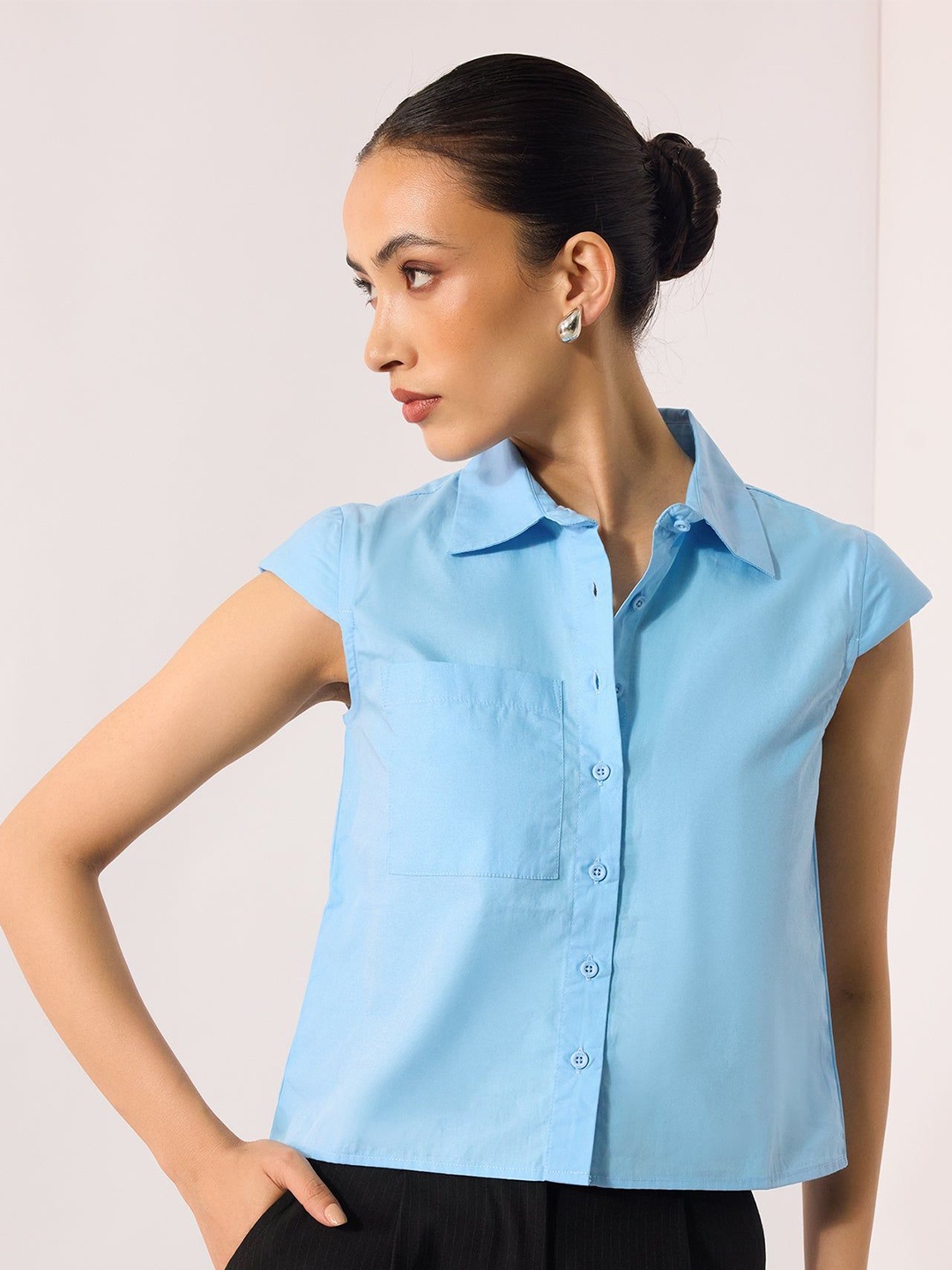 

Virgio Women Cotton Shirt Collar Regular Length Solid Cap Sleeve Shirt, Blue