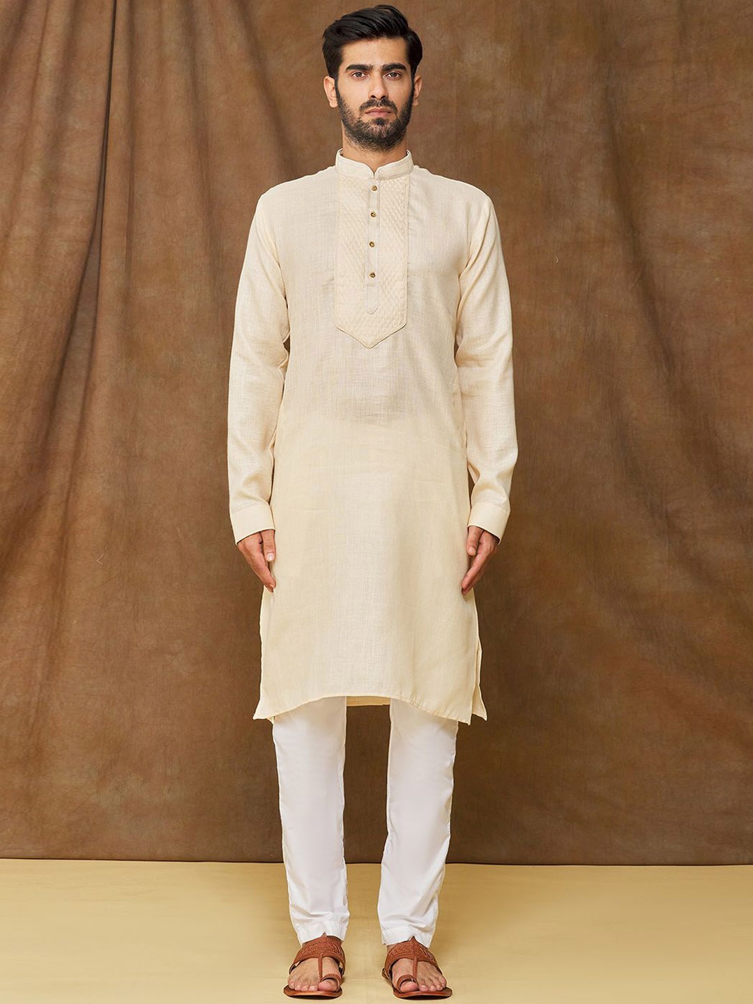 

Samyukta Singhania Mandarin Collar Pintuck Straight Kurta with Trousers, Beige