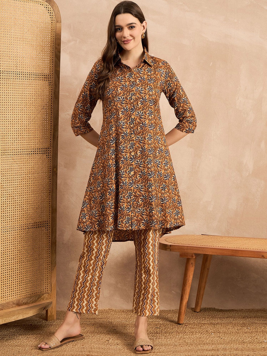 

ANEKYA Floral Printed Pure Cotton Tunic With Trousers, Beige