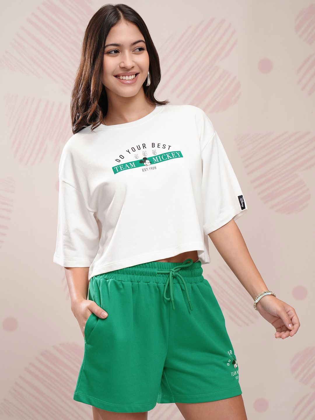 

Tokyo Talkies Disney Women Mickey Mouse Printed Boxy Fit T-Shirt With Shorts Co-Ords, White