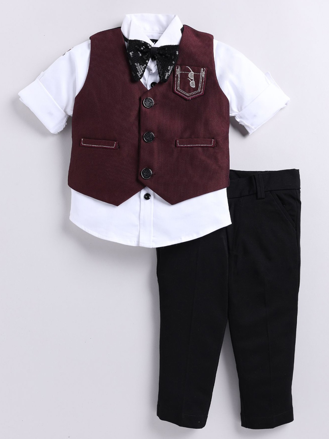 

LITTLE COLLARS Boys Self Design Collarless Three- Piece Suit, Maroon