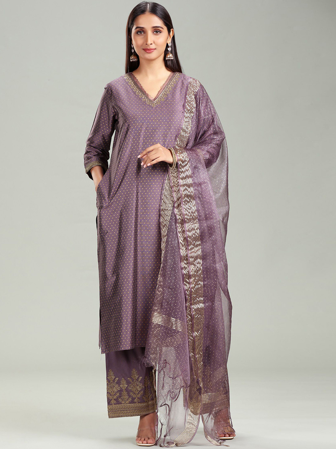 

COTTON CULTURE Polka Dots Printed Regular Thread Work Kurta With Palazzo With Dupatta, Purple