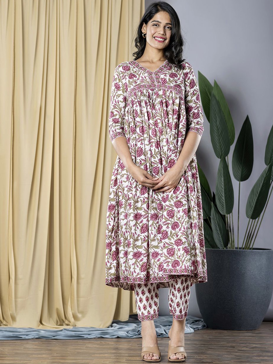

KALINI Floral Printed Empire Pure Cotton Kurta with Trouser, White
