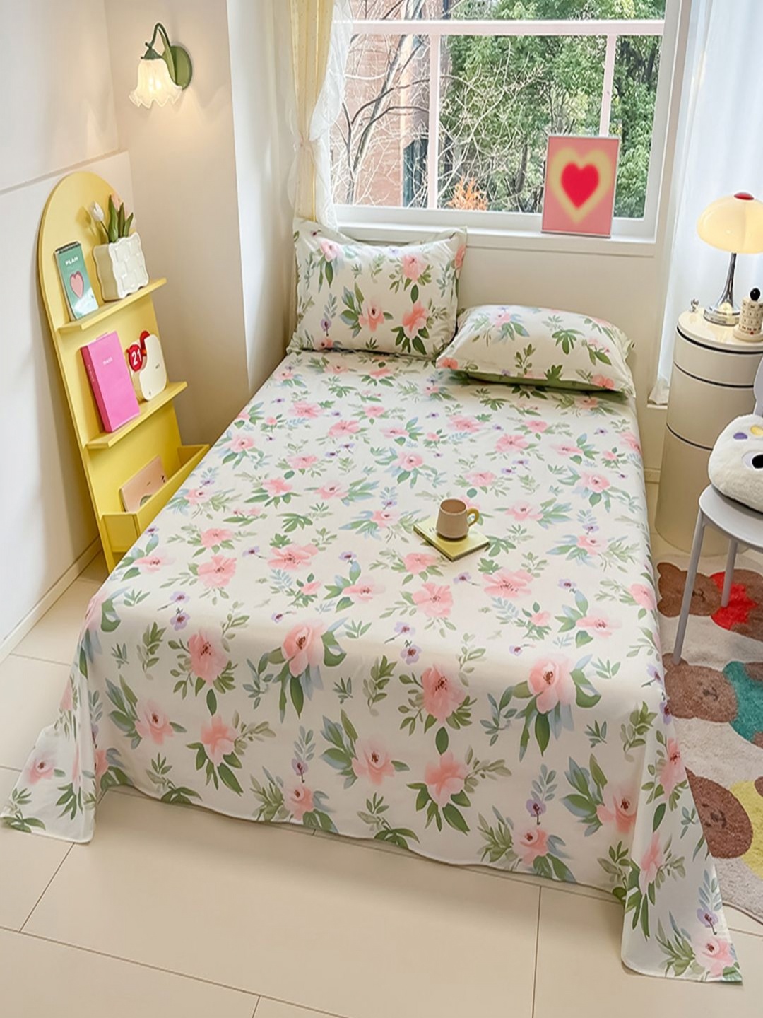 

JC HOME Beige & Pink Floral 220 TC Pure Cotton Queen Bedsheet with 2 Pillow Covers