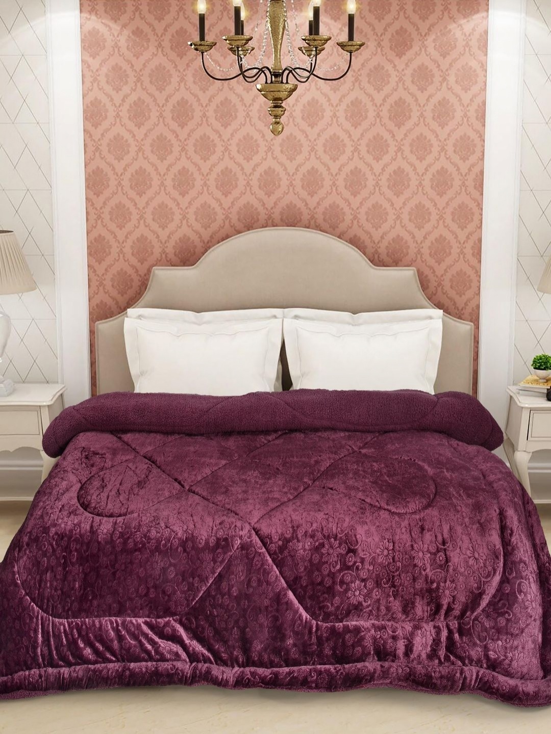 

FABINALIV Burgundy Floral 950 GSM Woollen Heavy Winter Double Bed Quilt