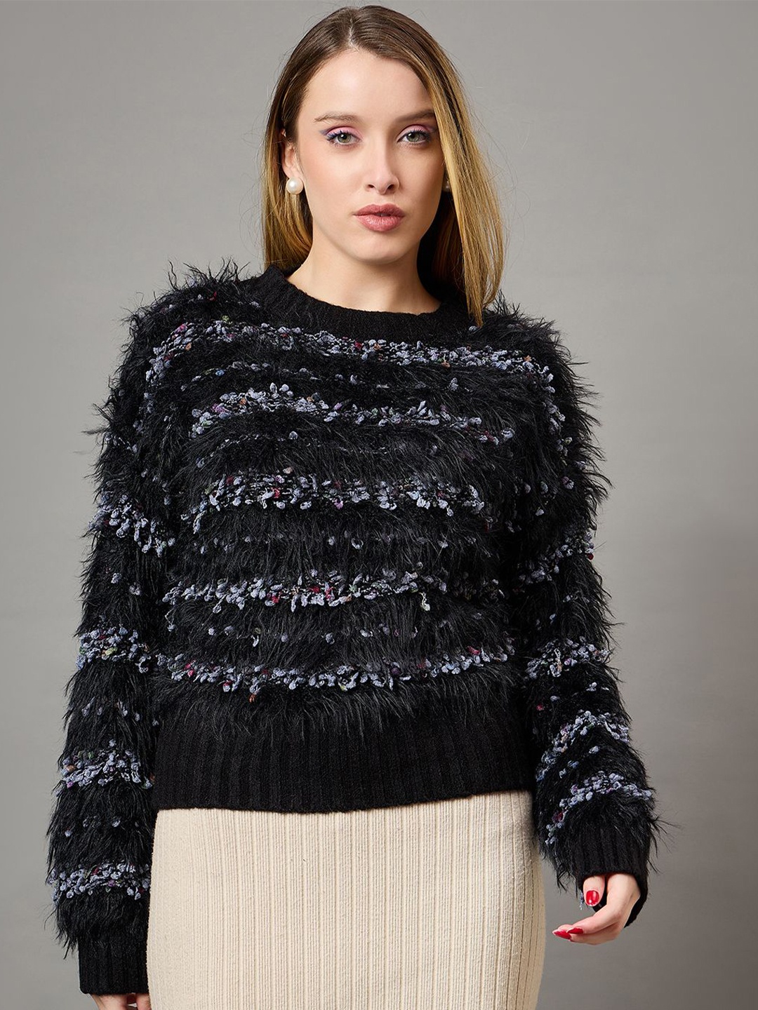 

KASMA Women Round Neck Woollen Pullover Sweater, Black
