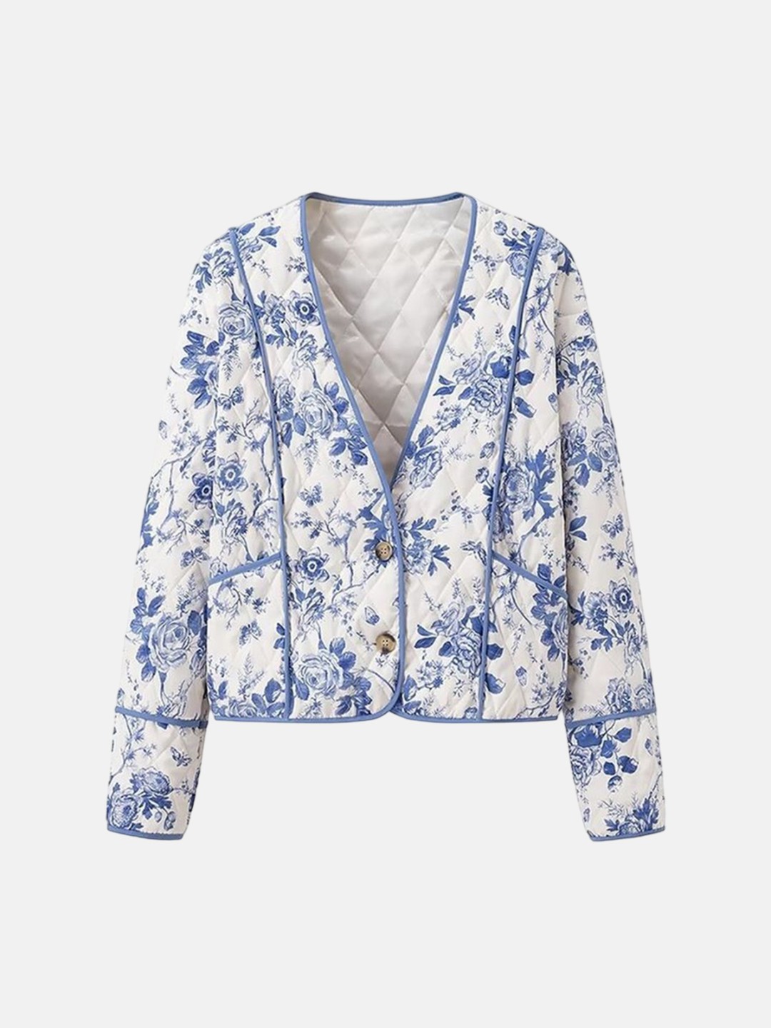

LULU & SKY Women Collarless Floral Printed Casual Quilted Jacket, Blue