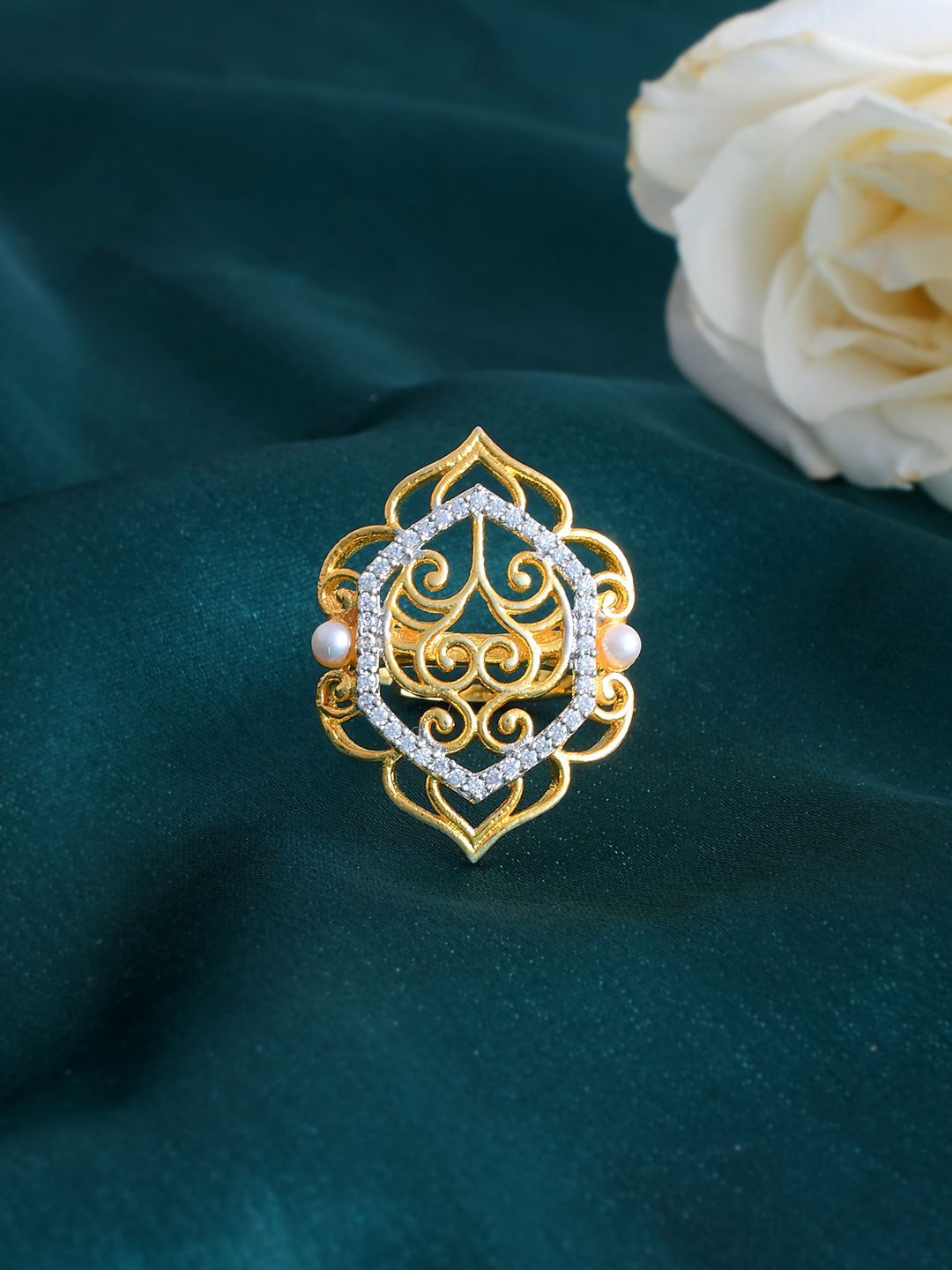 

Voylla Alpana Opulent Gold Plated Cubic Zirconia Stone Studded Finger Ring