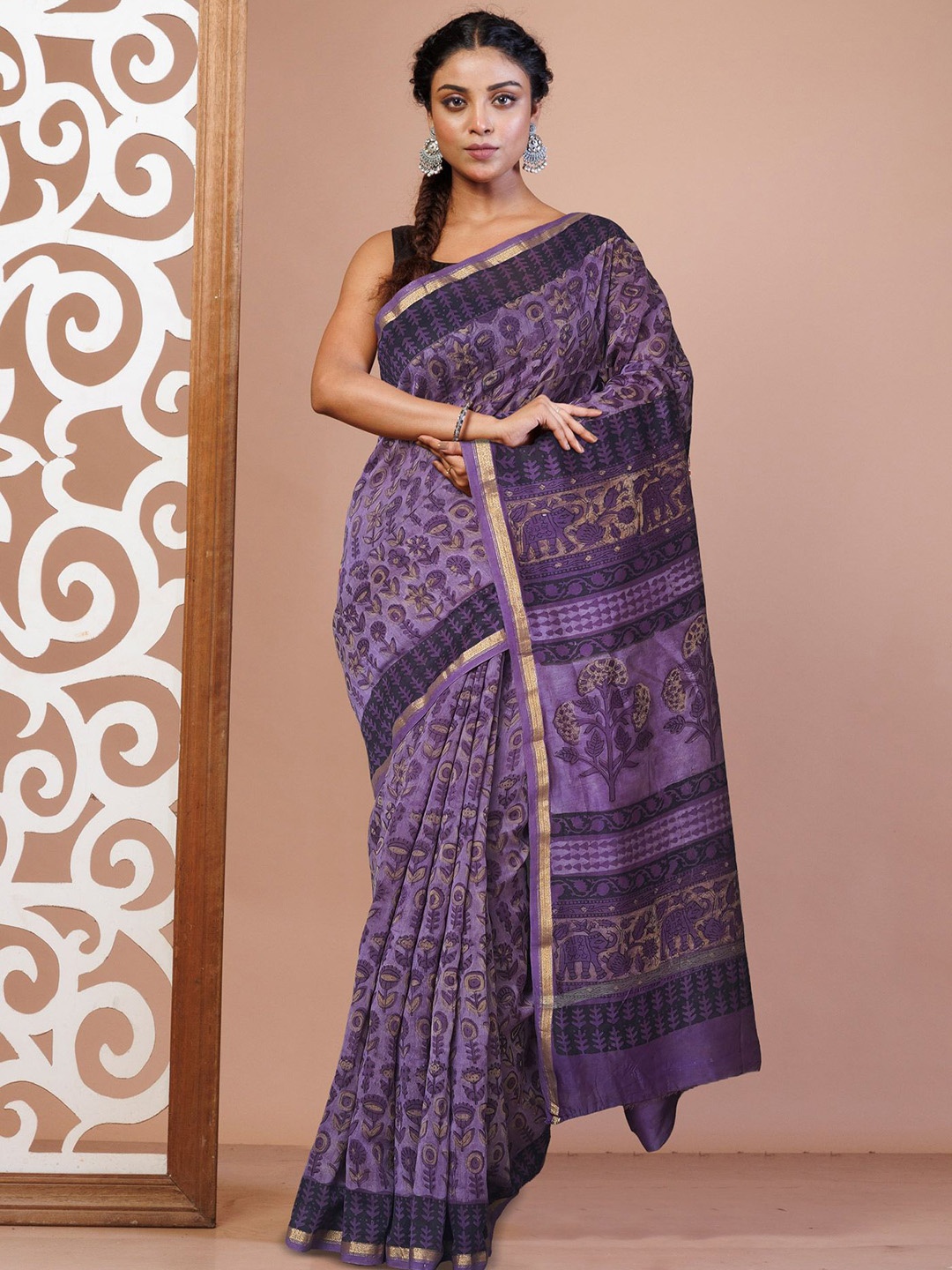 

Unnati Silks Abstract Printed Handloom Chanderi Saree, Violet