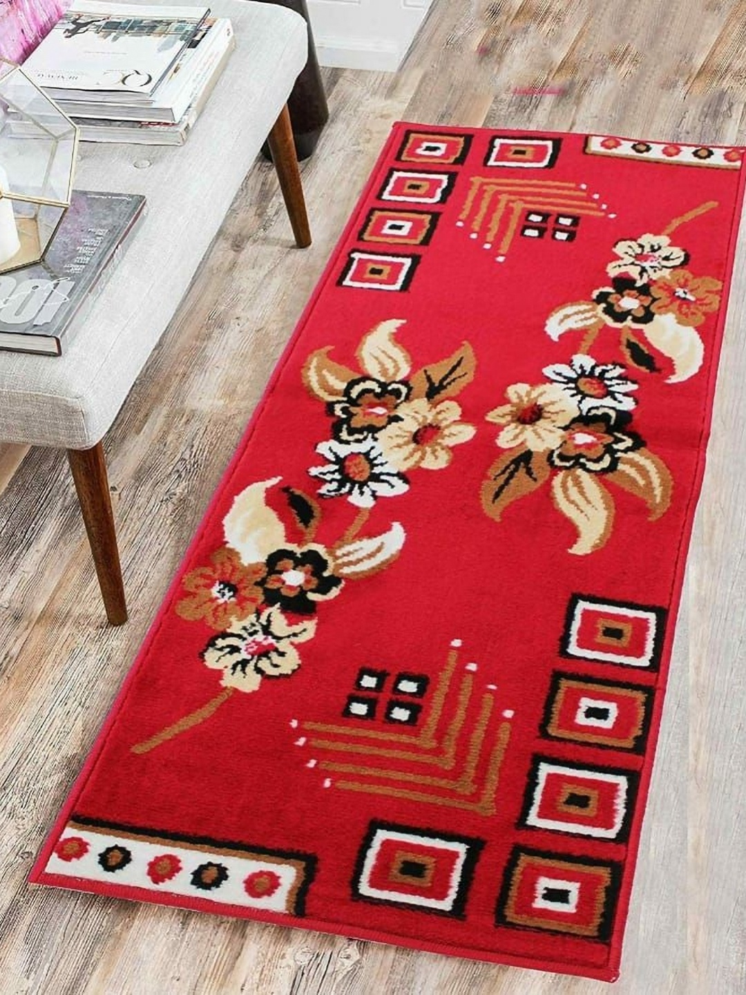 

Samjeeda Handloom carpets Red Floral Printed Anti-Skid Woollen Carpet