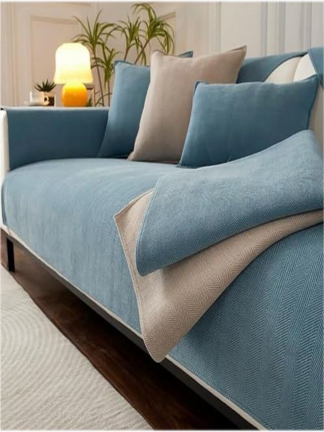 

HOUSE OF QUIRK Single Seater Herringbone Chenille Fabric Anti-Slip Stretch Sofa Slipcover, Blue