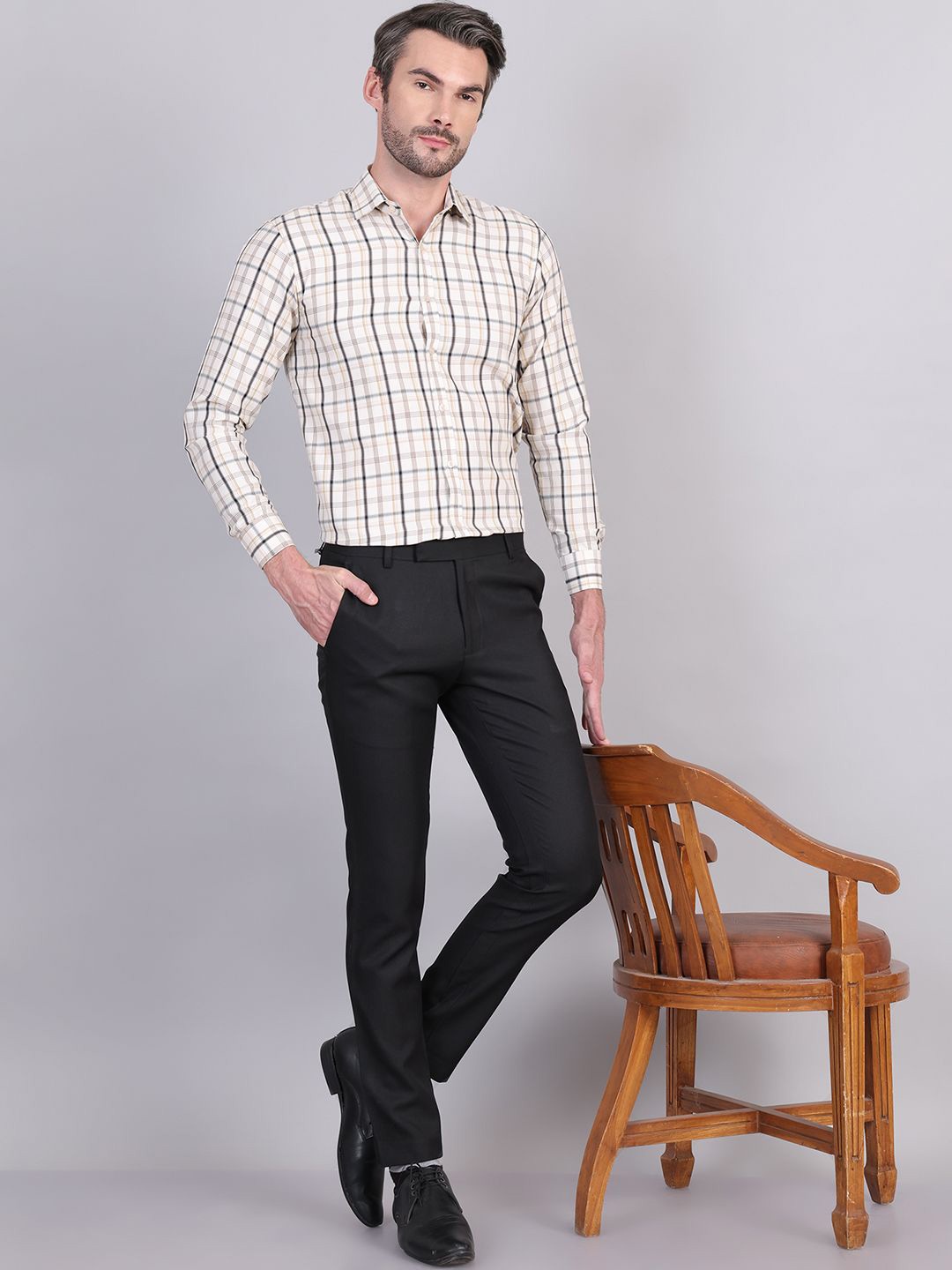 

Indian Needle Men Classic Spread Collar Checked Cotton Formal Shirt, Cream