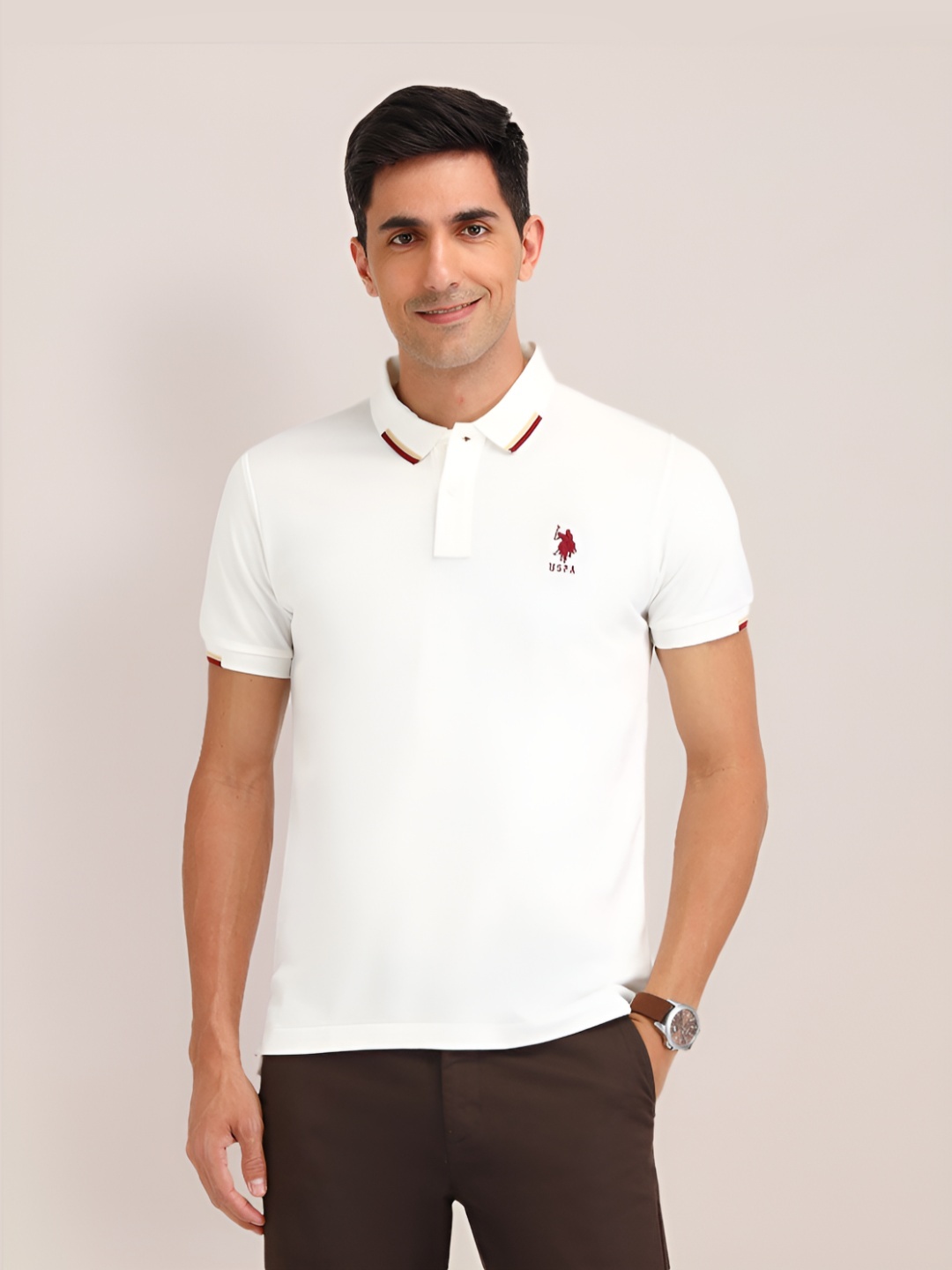 

U.S. Polo Assn. Men Solid Polo Collar Cotton Slim Fit T-shirt, White