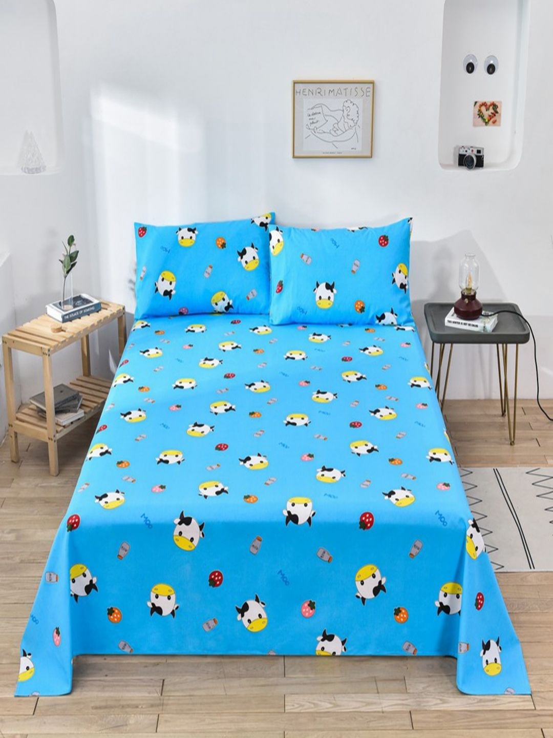 

JC HOME Blue & Yellow Graphic King Bedsheet with 2 Pillow Covers