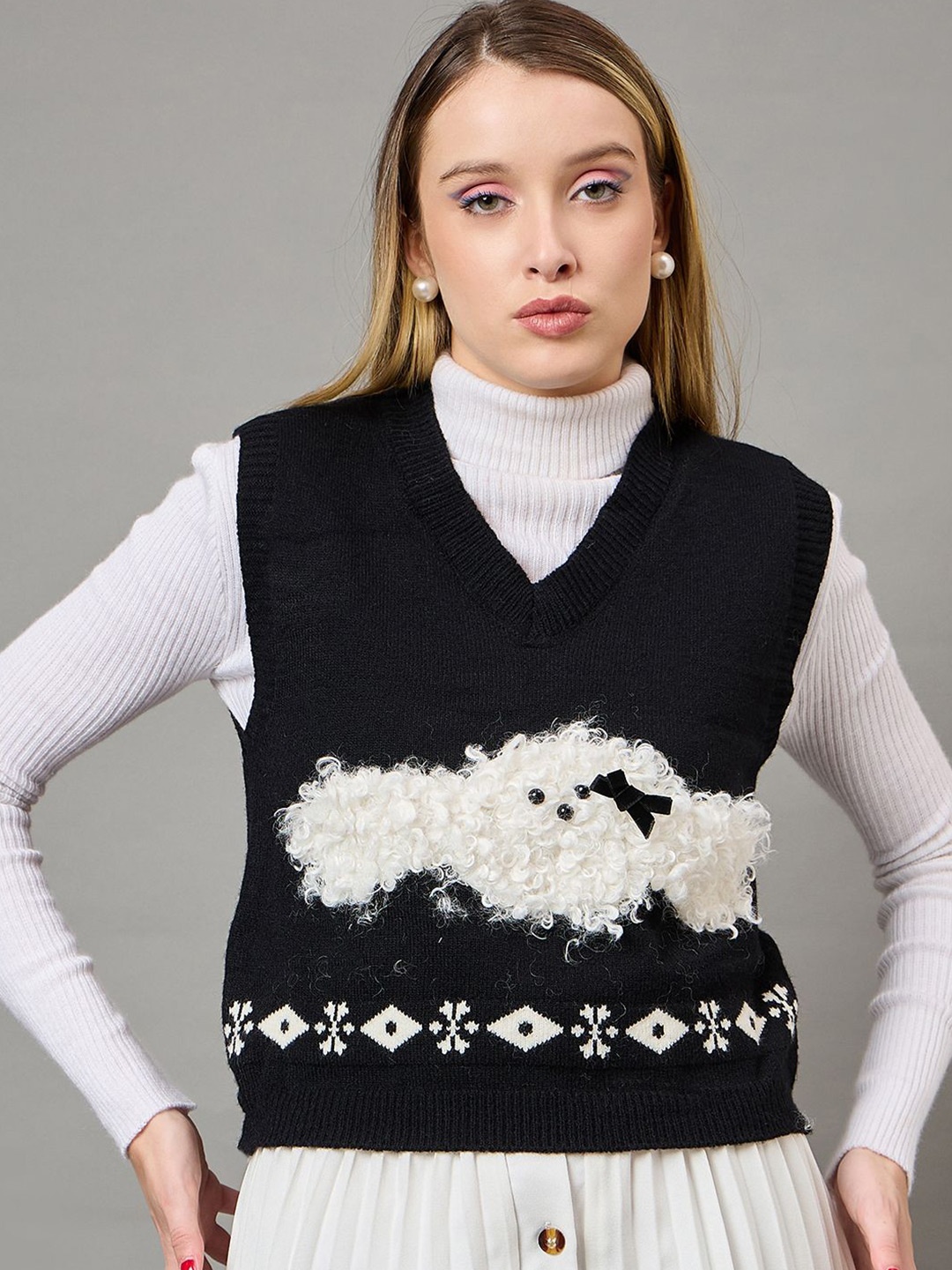 

KASMA Women Humour and Comic Woollen Sweater Vest, Black