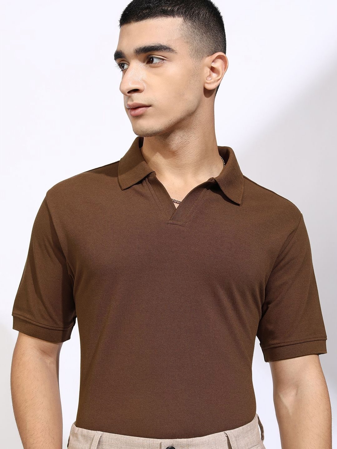 

HIGHLANDER Men Solid Polo Collar Cotton T-shirt, Brown