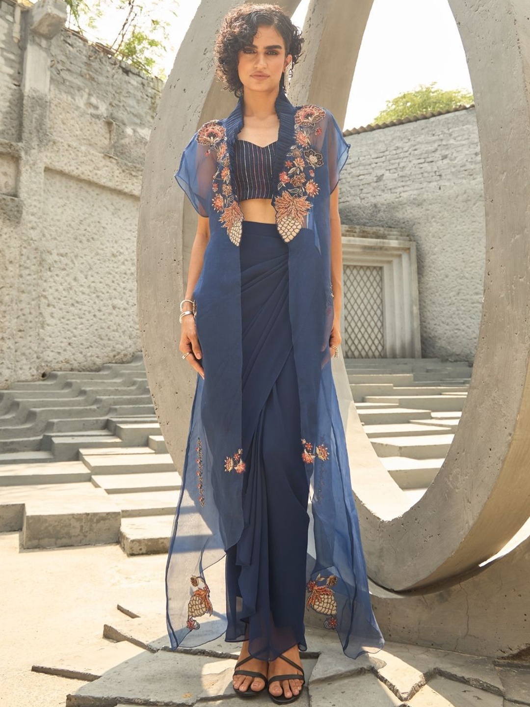 

Shreeka Embroidered & Striped Top & Skirt With Shrug Co-Ords, Blue