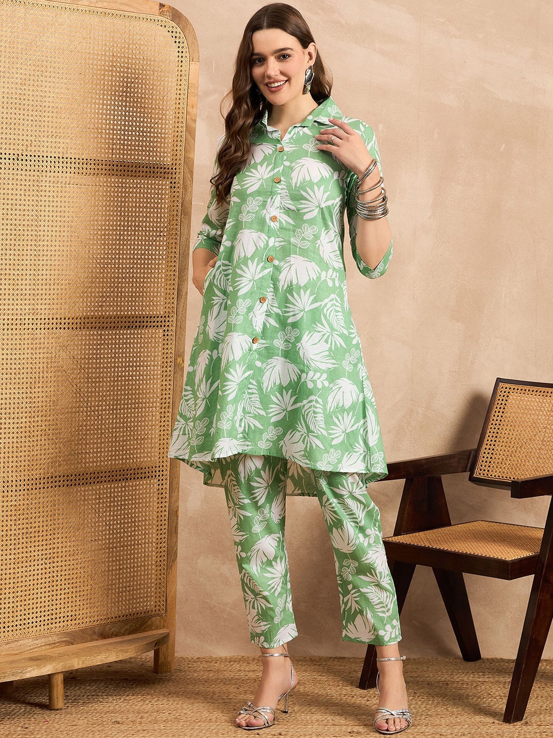 

ANEKYA Floral Printed Shirt Collar Pure Cotton Tunic With Trouser, Green