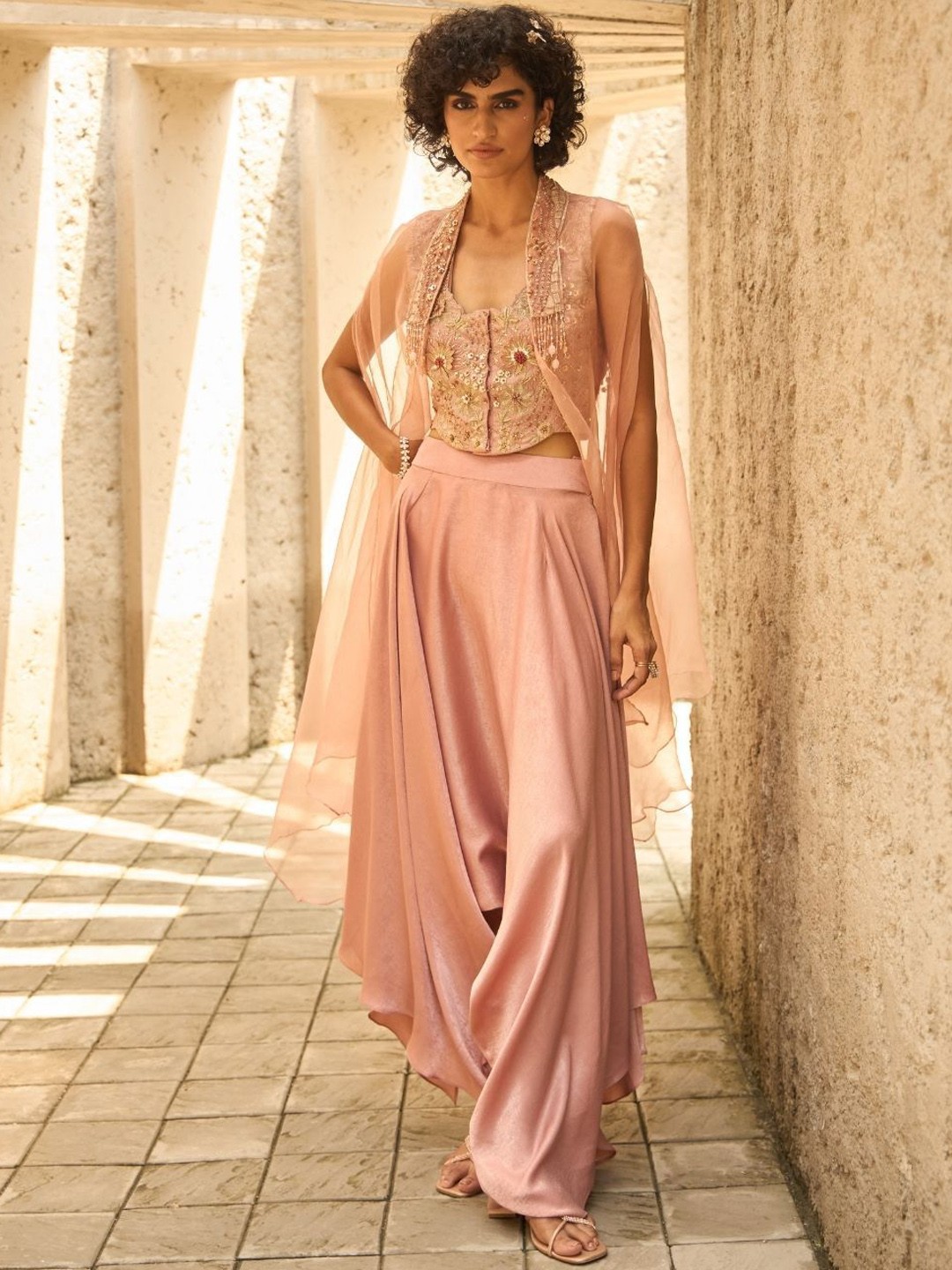 

Shreeka Women Embroidered Silk Top With Pant & Cape Co-Ords, Pink