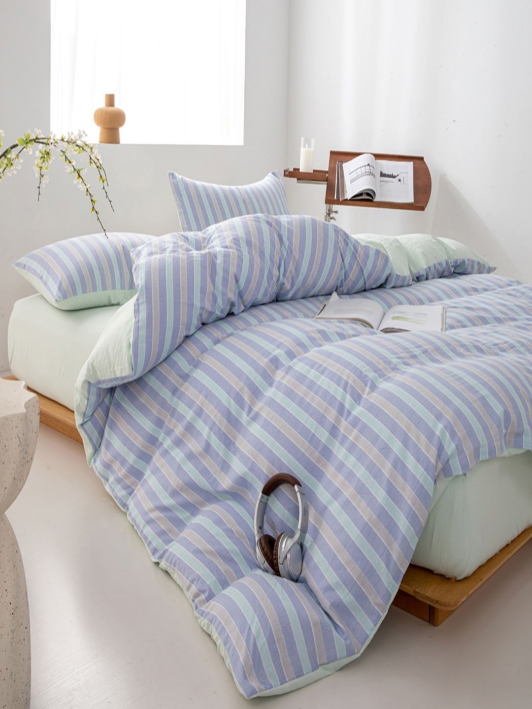 

JC HOME Green & Blue Striped Polycotton 4 Piece Single Regular Bedding Set