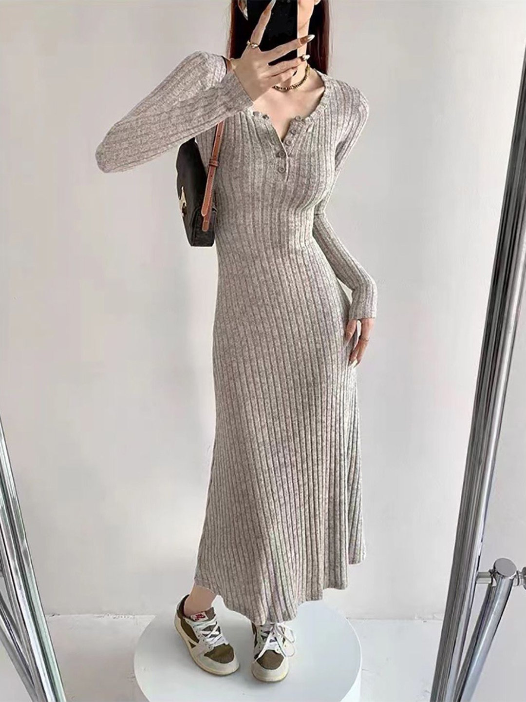 

StyleCast x Revolte Women Round Neck Fit & Flare Maxi Dress, Beige