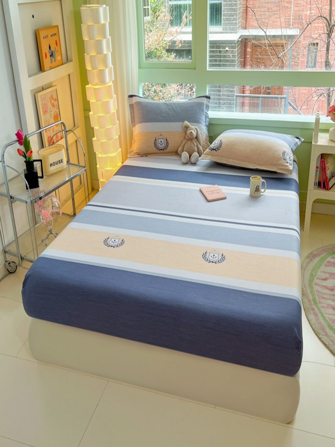 

JC HOME Blue & Beige Striped 220 TC King Bedsheet with 2 Pillow Covers
