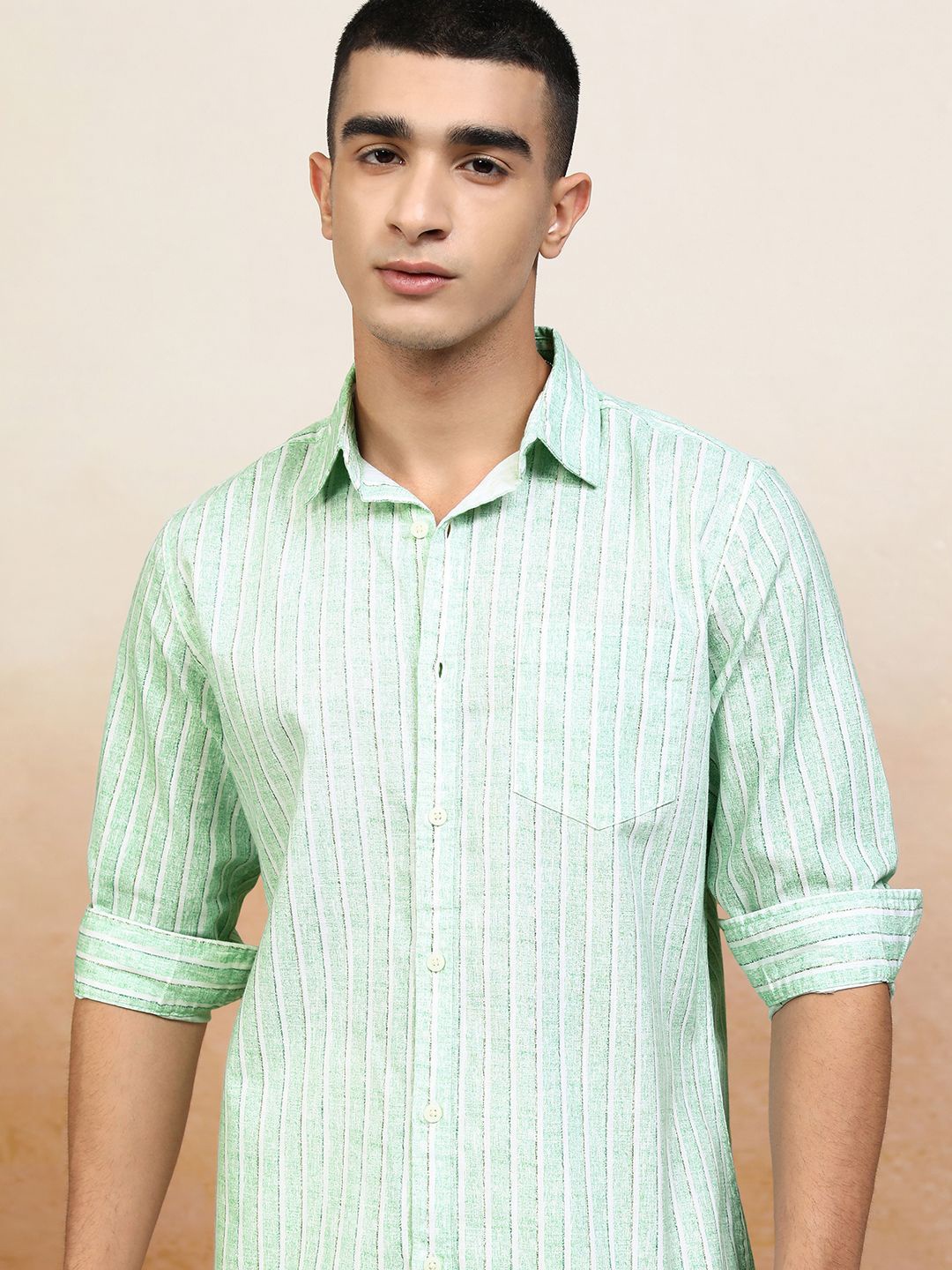 

HIGHLANDER Men Cotton Linen Printed Striped Casual Regular Fit Shirt, Green