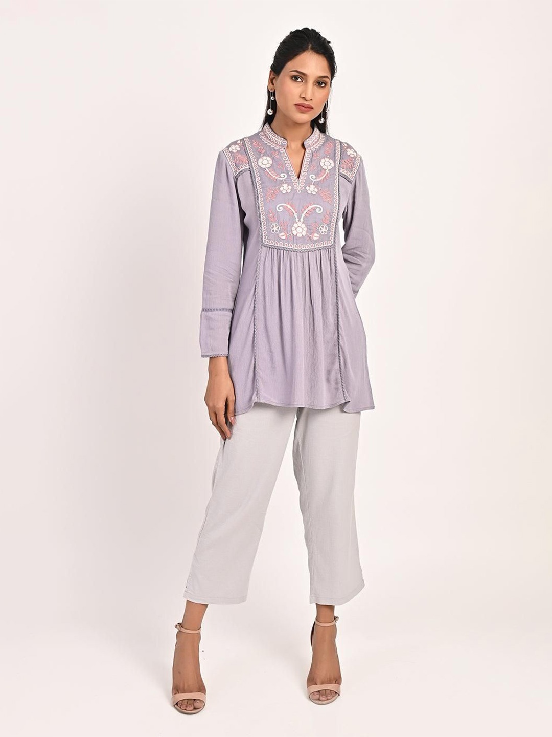 

Lakshita Women Mandarin Collar Embroidered Cotton Tunic, Lavender