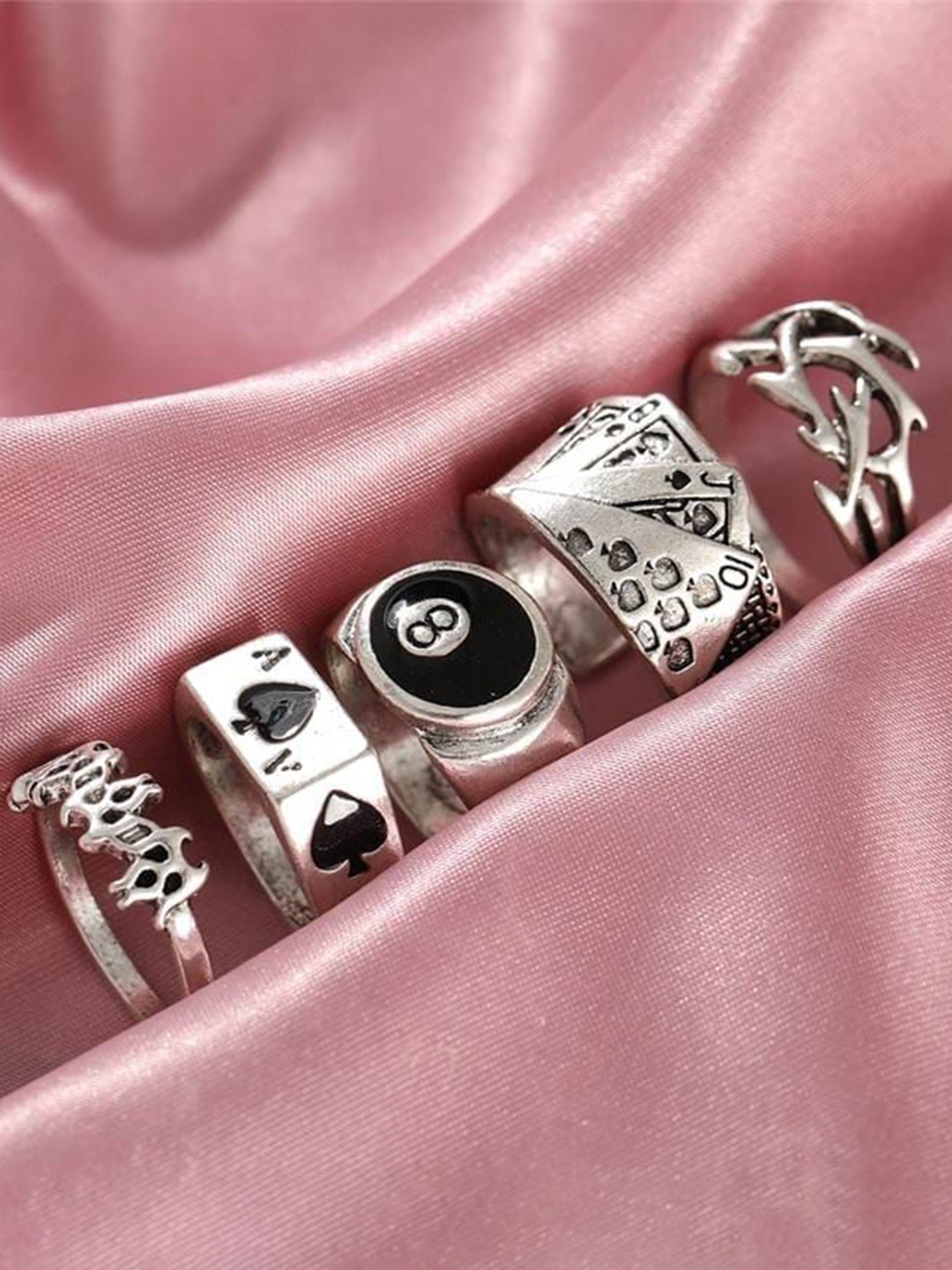 

YU FASHIONS Set Of 5 Silver-Plated Stone-Studded Finger Rings