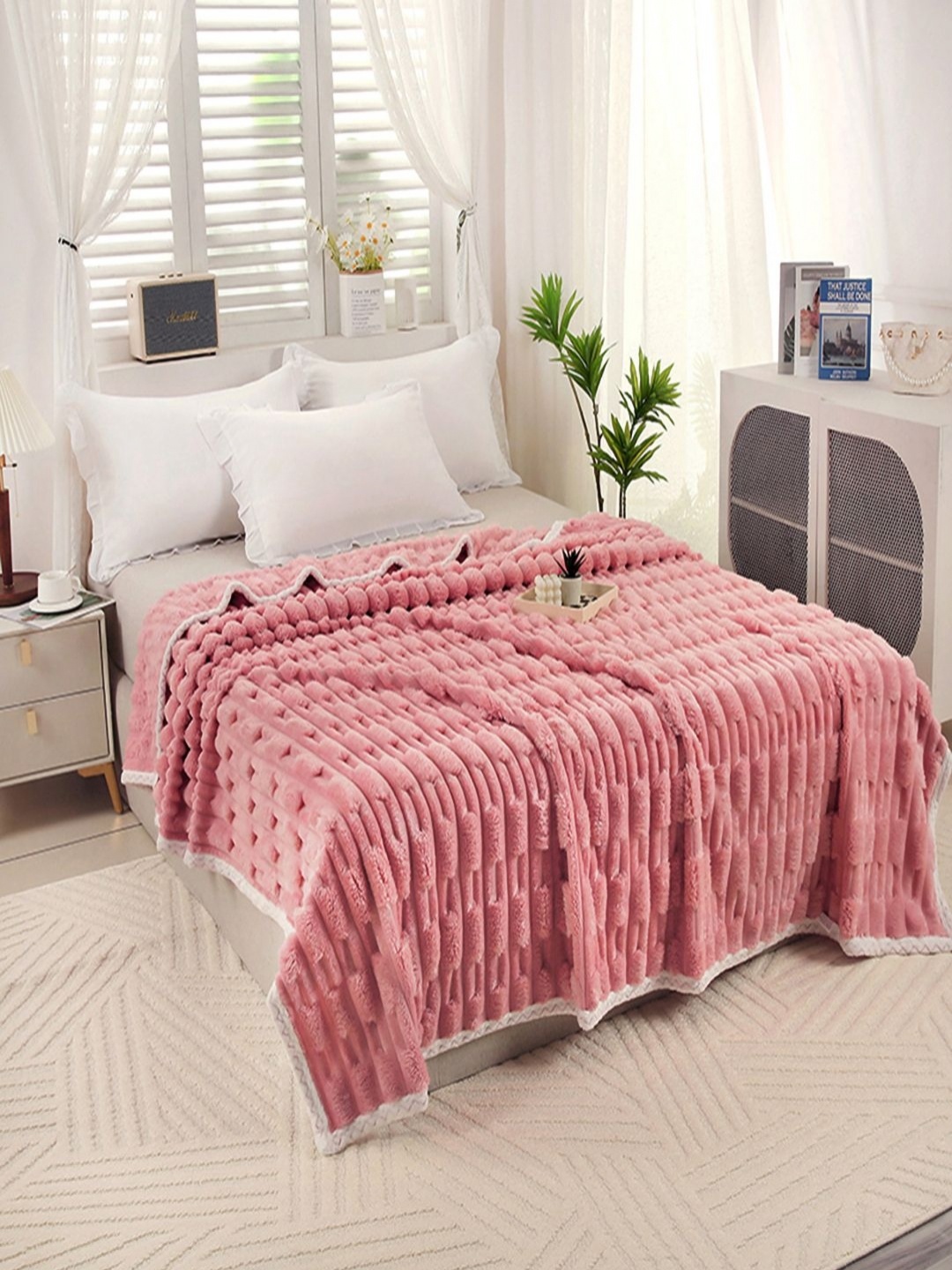 

JC HOME Pink & White AC Room 400 GSM Double Bed Blanket