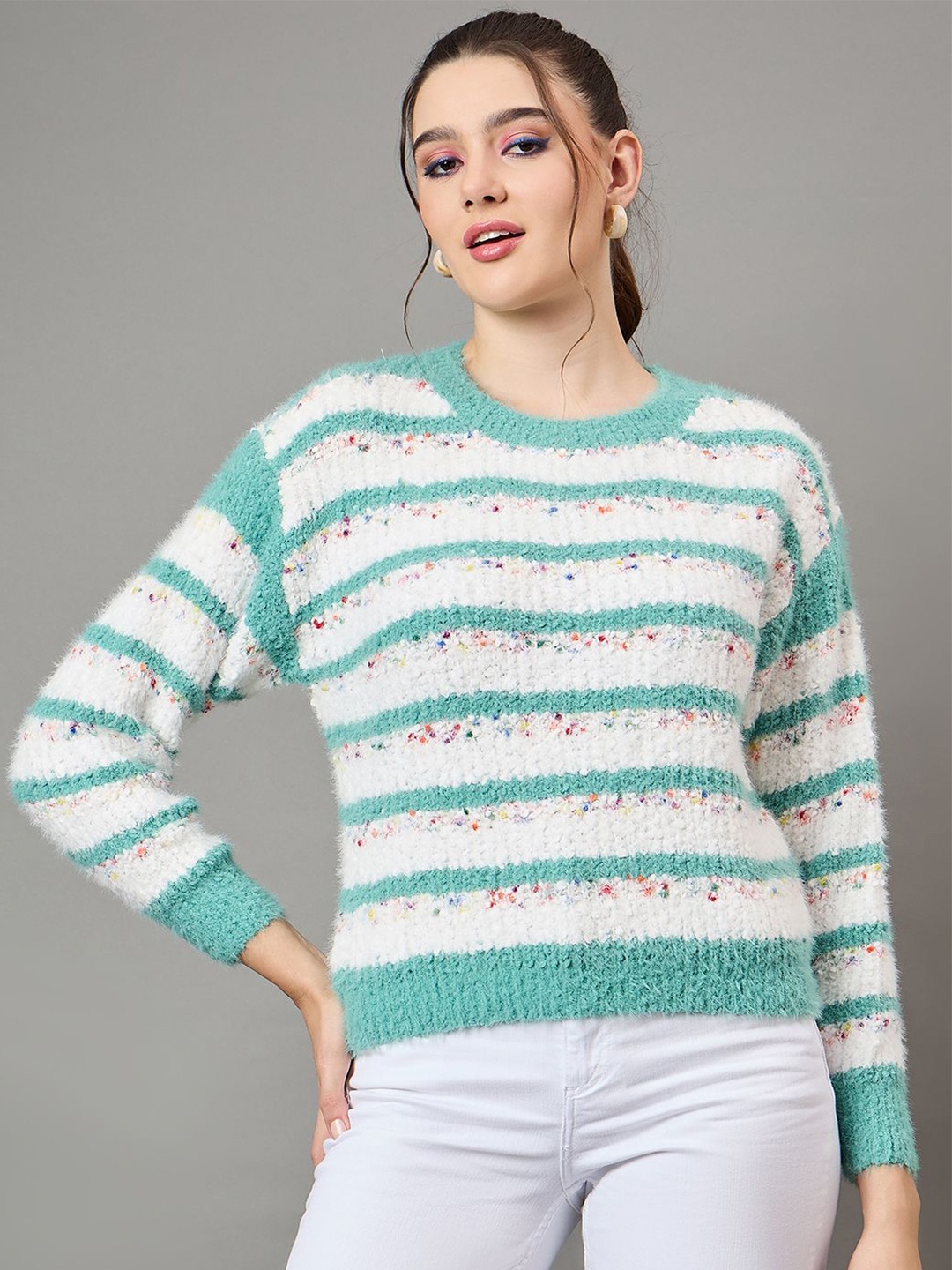 

KASMA Women Self Design Striped Woollen Pullover, Green
