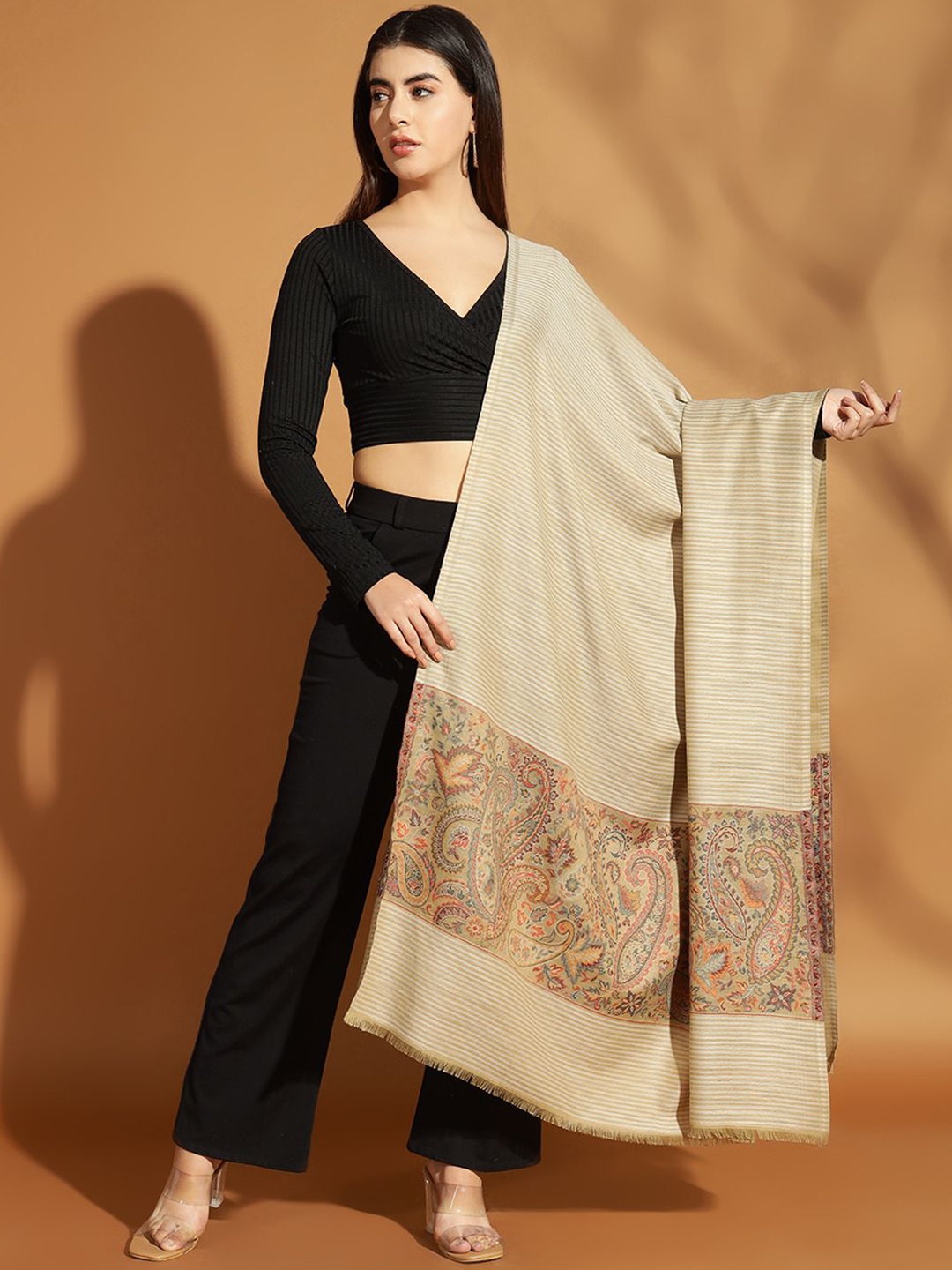 

Zamour Striped & Paisley Woven Design Pure Woollen Shawl, Brown