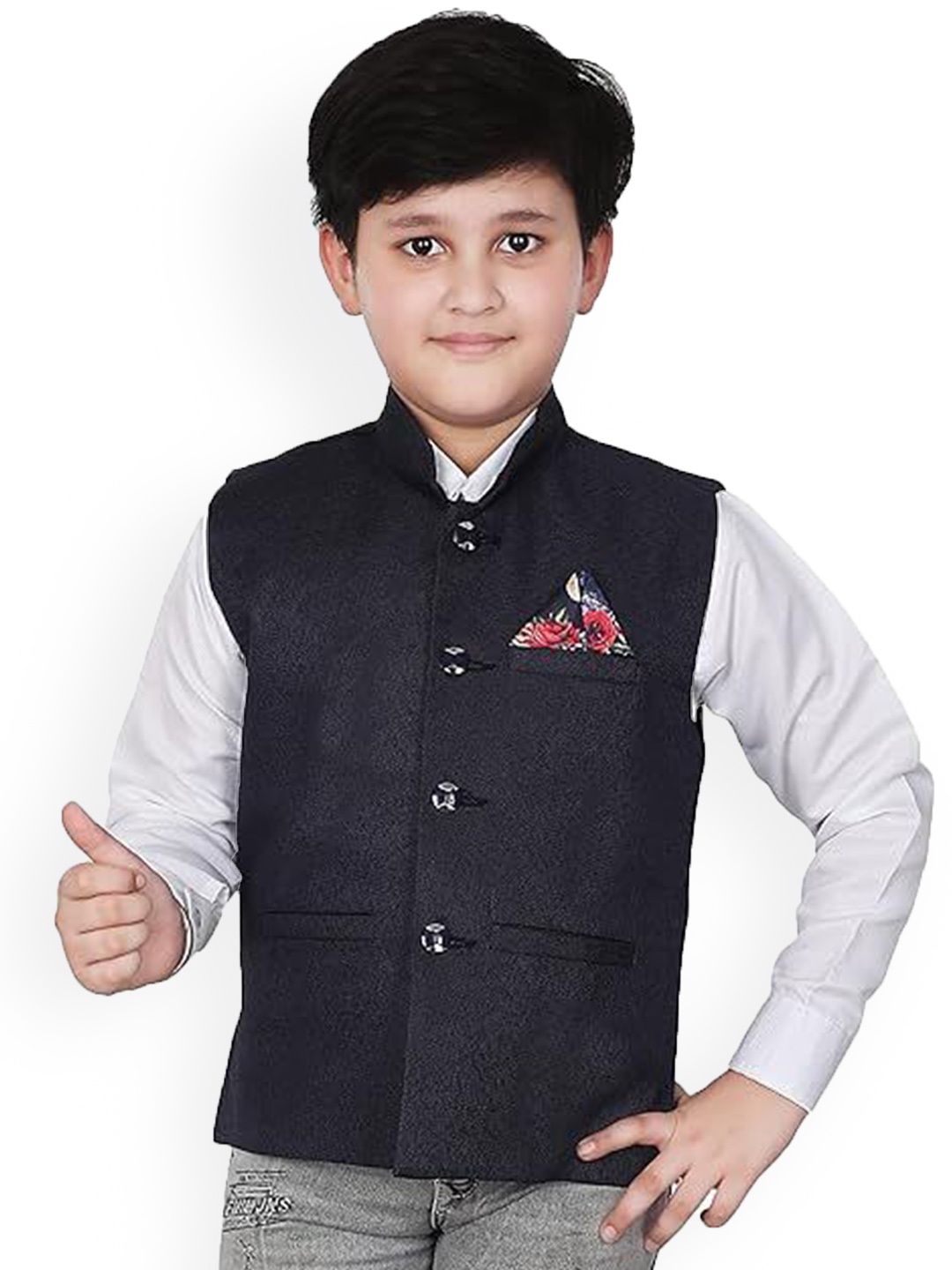 

Eliq Boys Mandarin Collar Woven Nehru Jacket, Navy blue