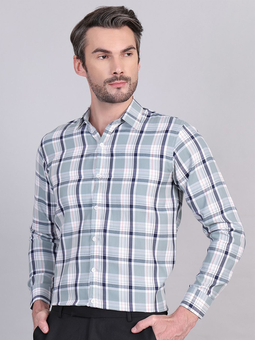 

Indian Needle Men Classic Spread Collar Checked Cotton Formal Shirt, Grey