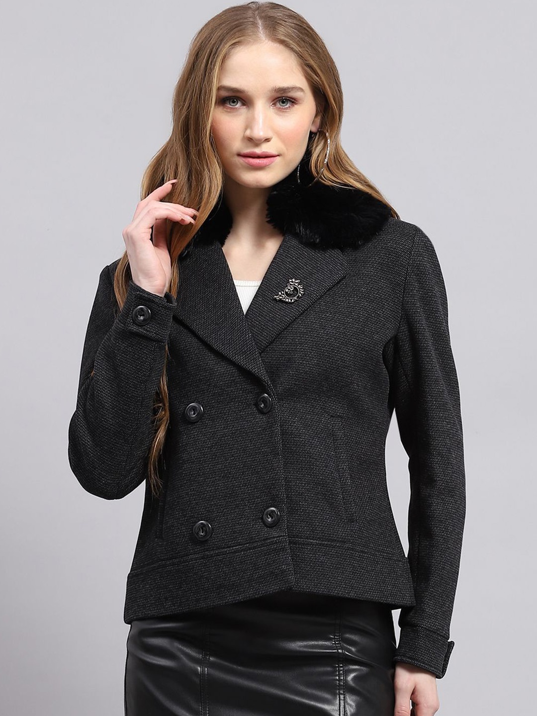 

Monte Carlo Women Notched Lapel Double -Breasted Overcoat, Black