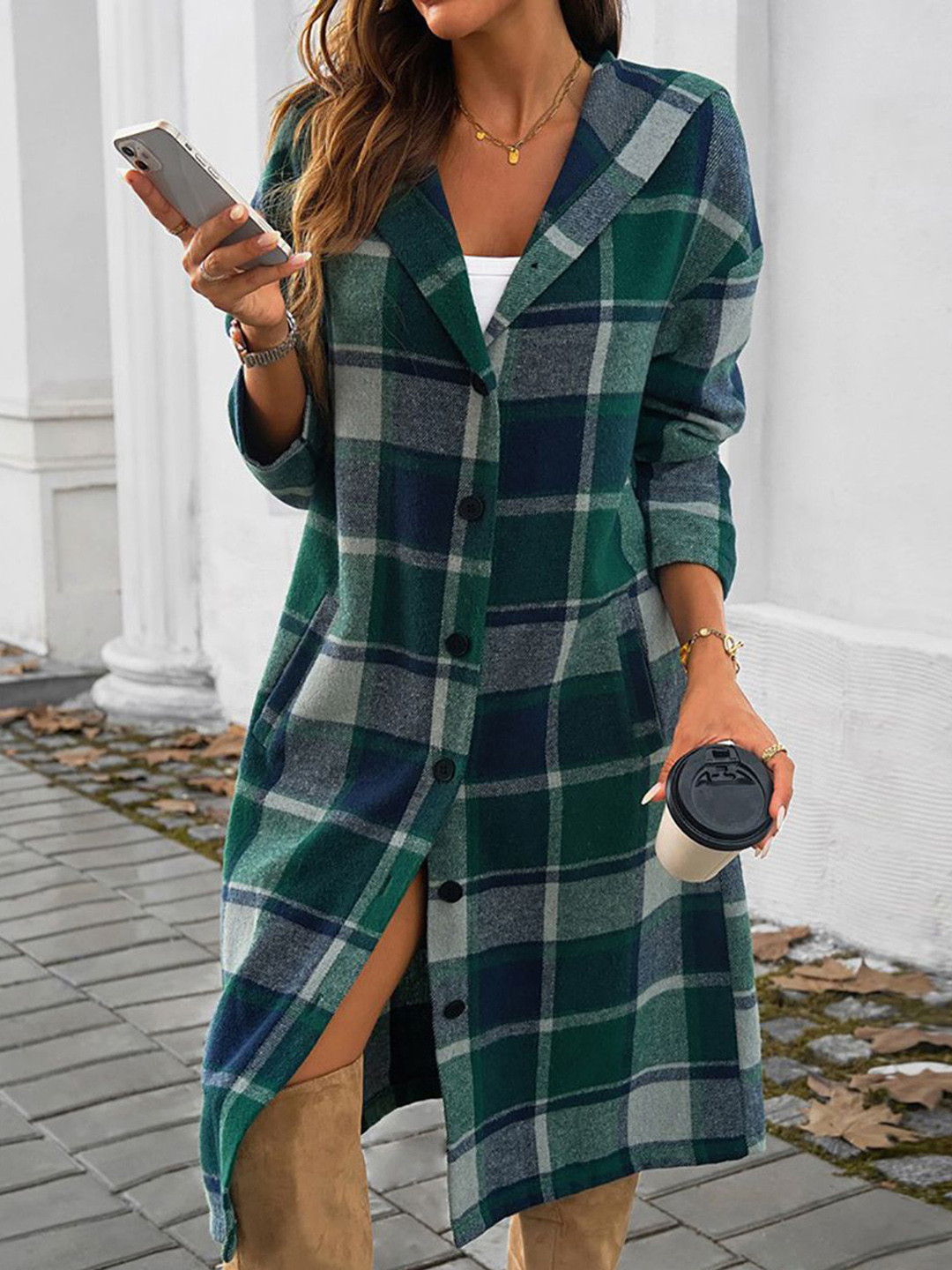 

StyleCast x Revolte Women Checked Stand Collar Longline Hooded Overcoat, Green
