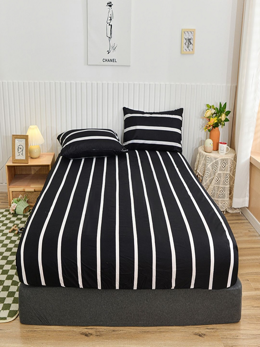 

JC HOME Black & White Striped 140 TC Single Bedsheet with 1 Pillow Covers