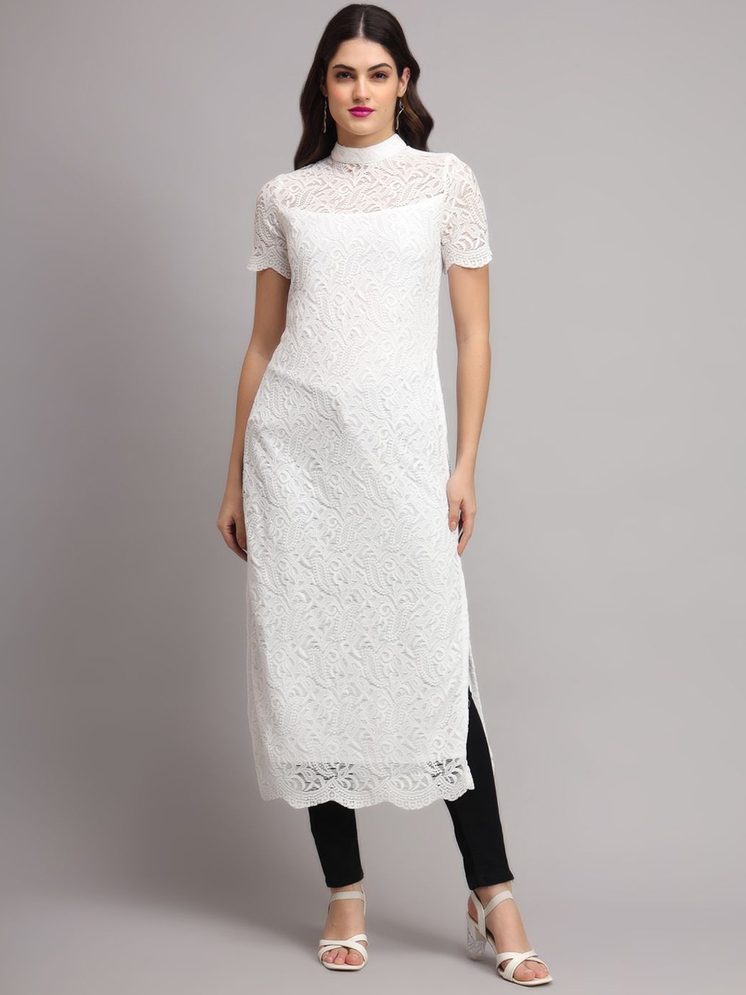 

Ojjasvi Floral Embroidered Cold-Shoulder Sleeves Net Regular Straight Kurta, White