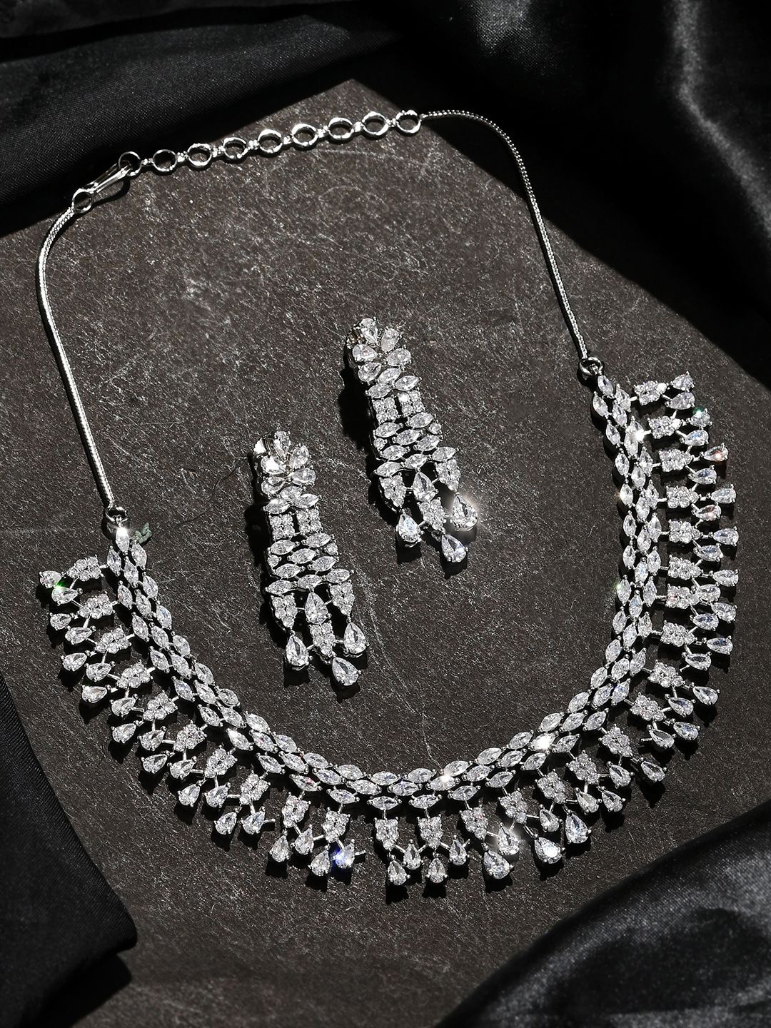 

Voylla Rhodium-Plated Timeless American Diamond Studded Jewellery Set, Silver