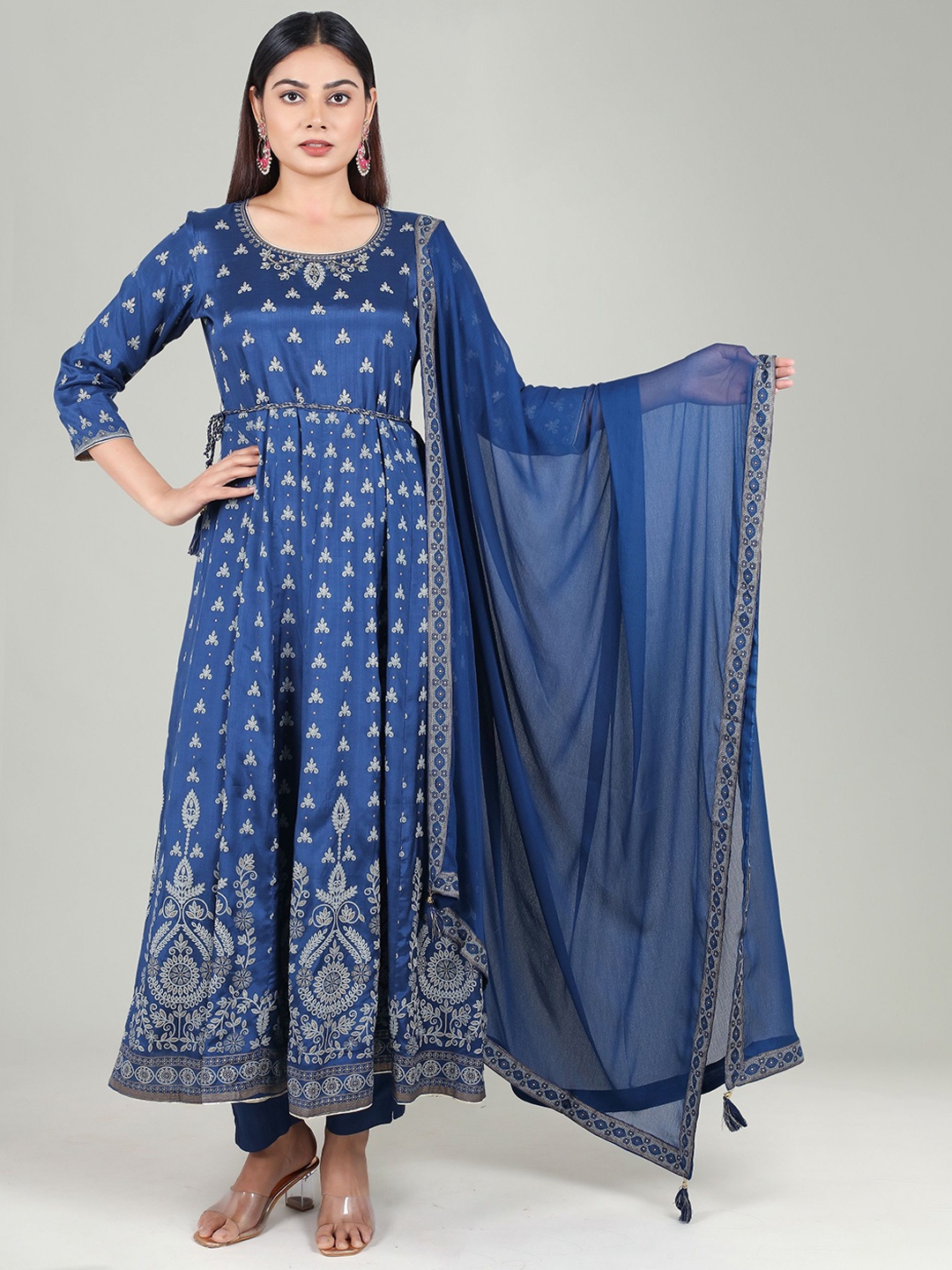 

COTTON CULTURE Ethnic Motifs Embroidered Pure Cotton Anarkali Kurta With Trouser & Dupatta, Blue