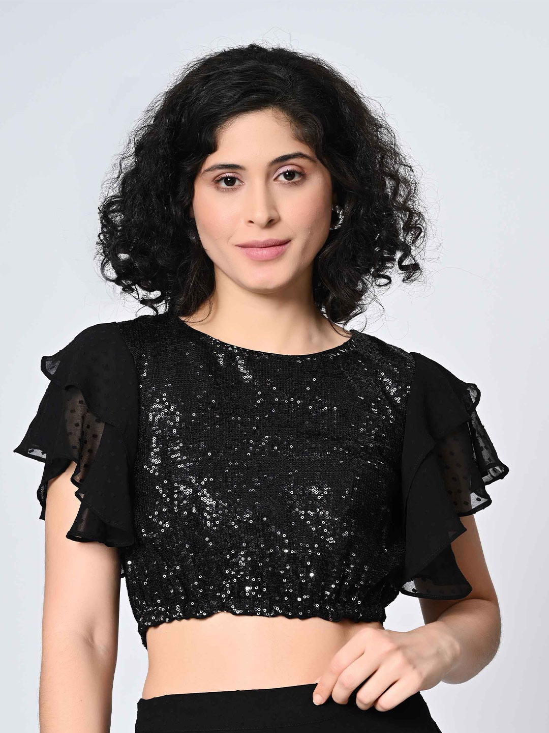 

BAESD Women Embellished Round Neck Flutter Sleeve Crop Top, Black