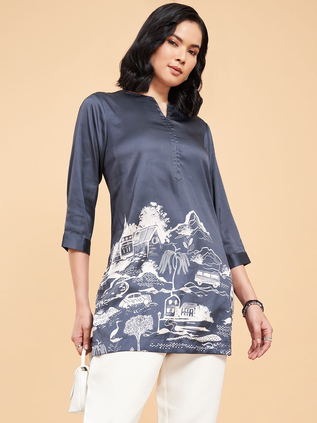 

Marigold Lane Women Mandarin Collar Printed Tunic, Charcoal