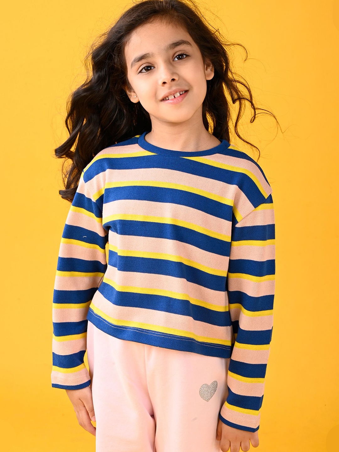 

Anthrilo Girls Striped Round Neck Cotton T-shirt, Pink